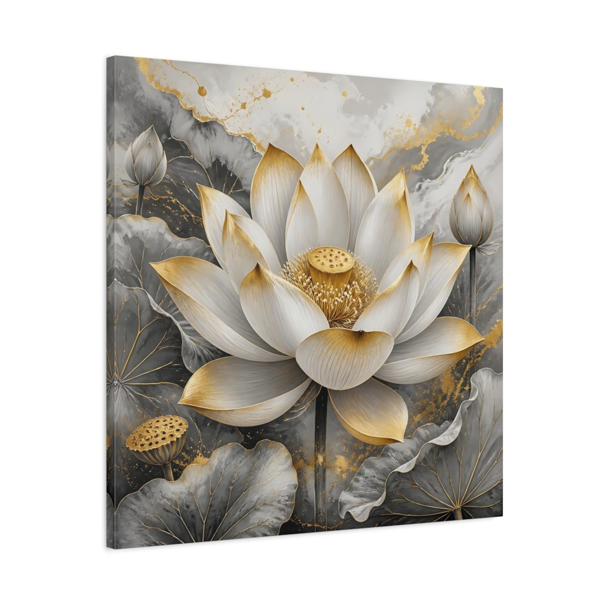 Side Mockup 3. Floral Lotus Flower Gold And Gray Lotus shown as stretched canvas wall art