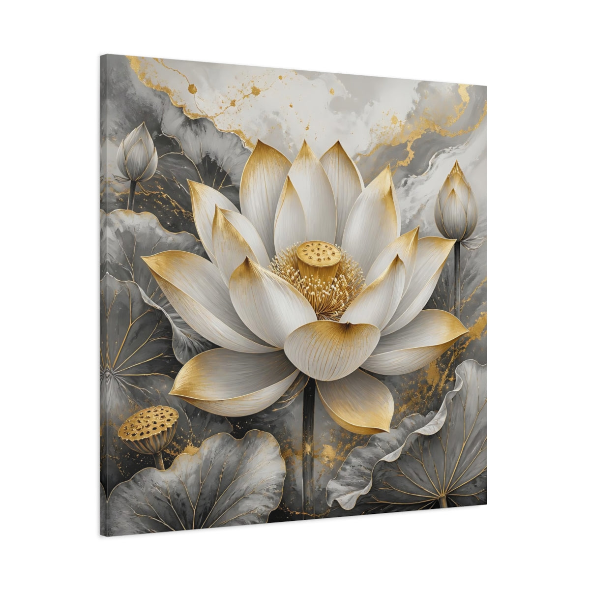 Side Mockup 1. Floral Lotus Flower Gold And Gray Lotus shown as stretched canvas wall art
