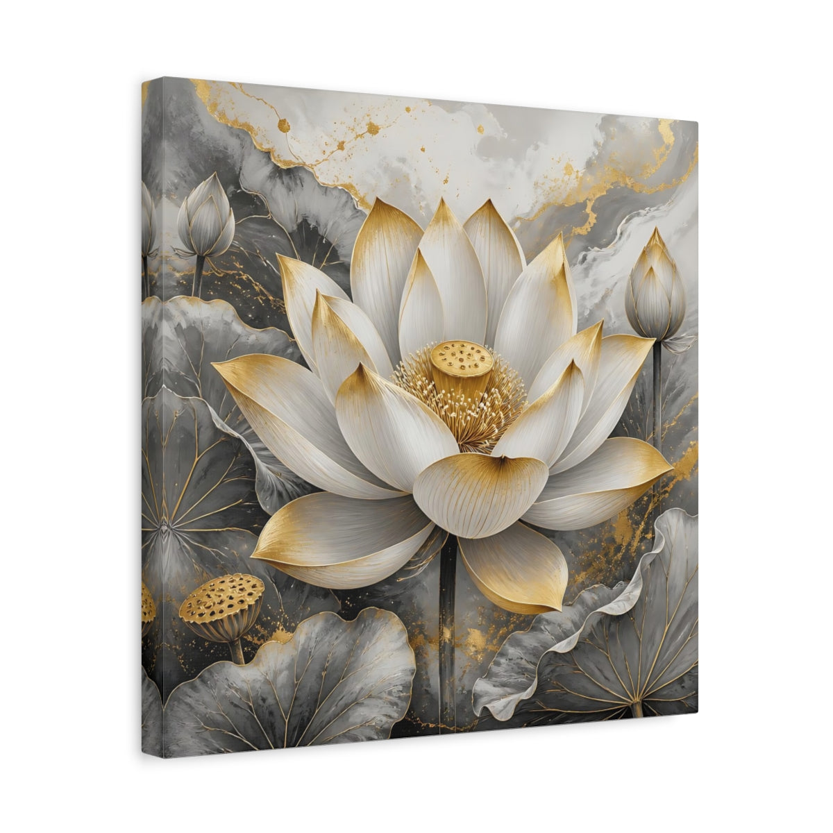 Side Mockup 6. Floral Lotus Flower Gold And Gray Lotus shown as stretched canvas wall art