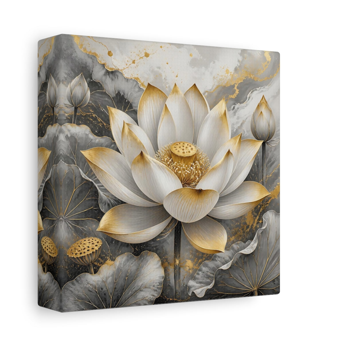 Side Mockup 2. Floral Lotus Flower Gold And Gray Lotus shown as stretched canvas wall art