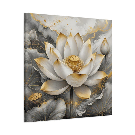 Main Mockup. Floral Lotus Flower Gold And Gray Lotus shown as stretched canvas wall art