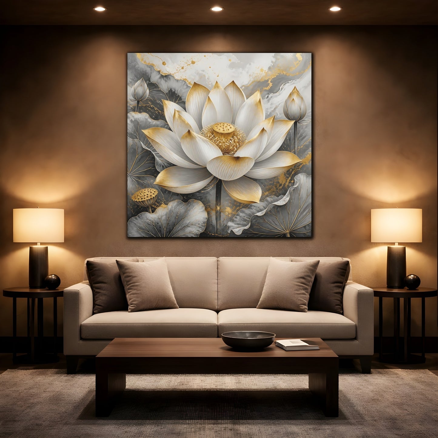 Mockup 2. Floral Lotus Flower Gold And Gray Lotus shown as stretched canvas wall art
