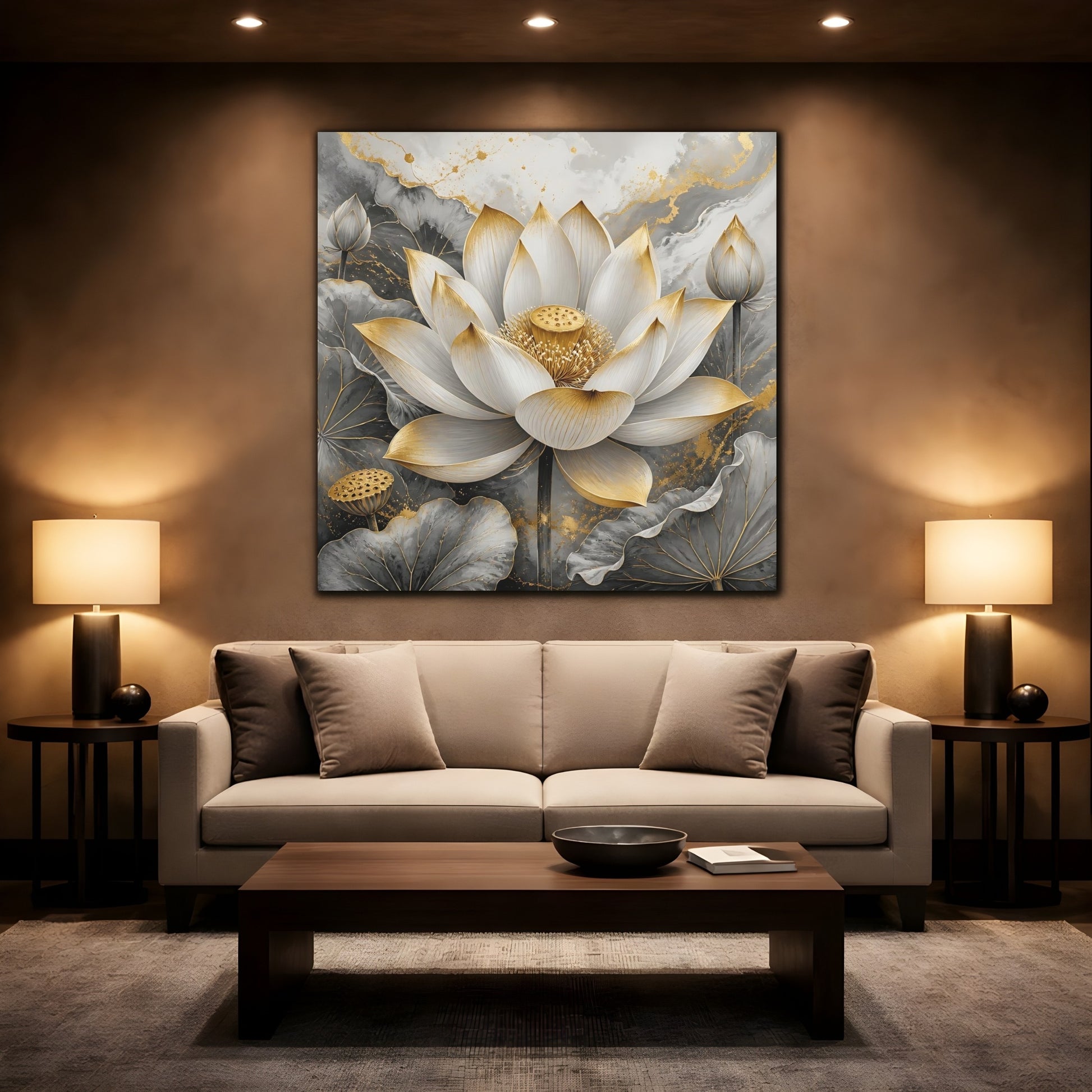 Mockup 2. Floral Lotus Flower Gold And Gray Lotus shown as stretched canvas wall art
