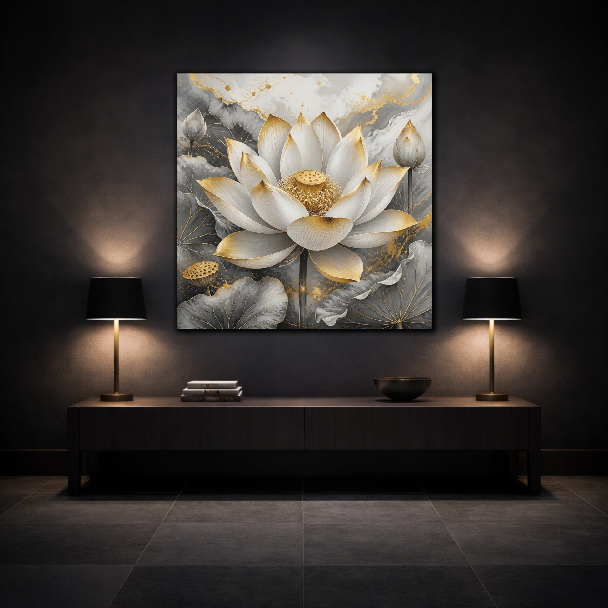 Mockup 3. Floral Lotus Flower Gold And Gray Lotus shown as stretched canvas wall art