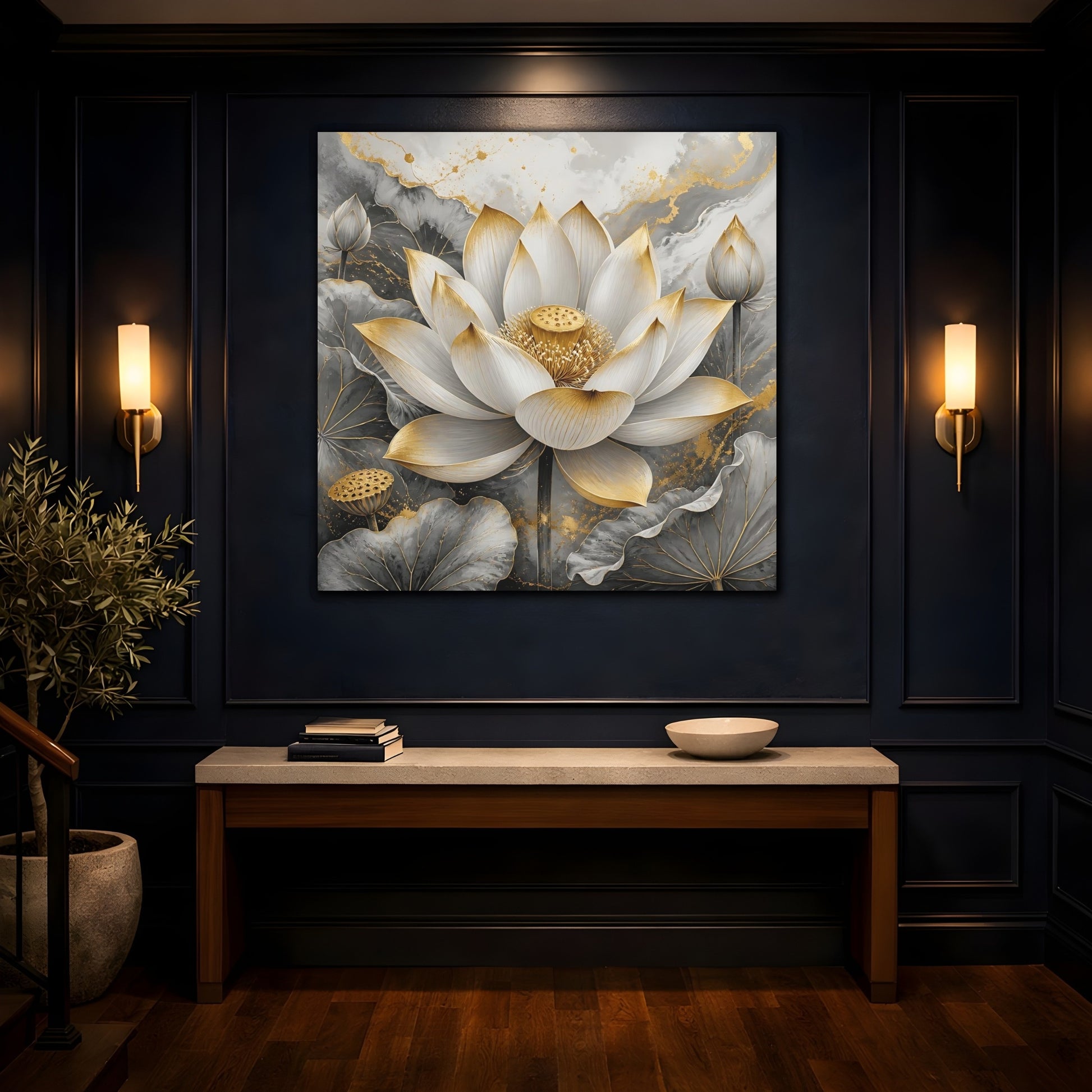 Mockup 4. Floral Lotus Flower Gold And Gray Lotus shown as stretched canvas wall art