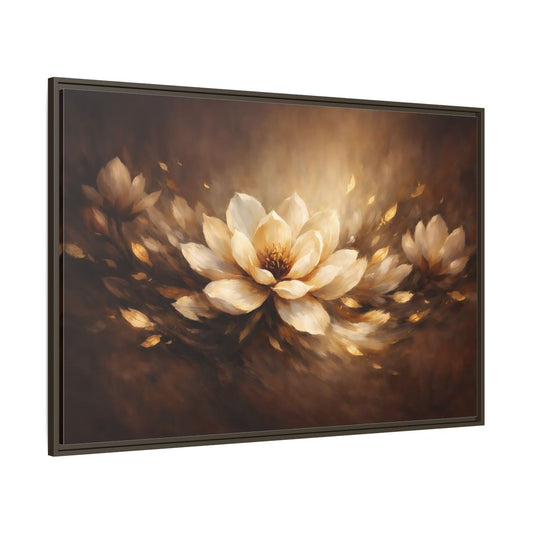 Main Mockup. Floral Lotus Flower Golden Floral shown as stretched canvas wall art