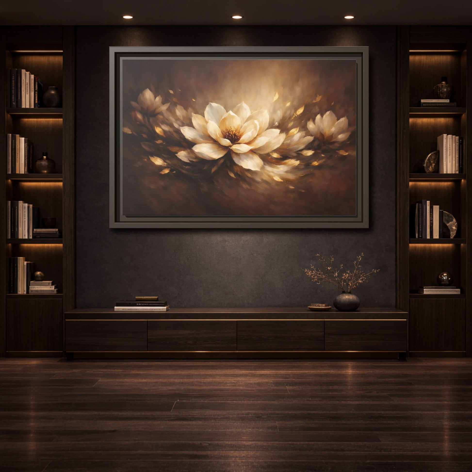 Mockup 3. Floral Lotus Flower Golden Floral shown as stretched canvas wall art