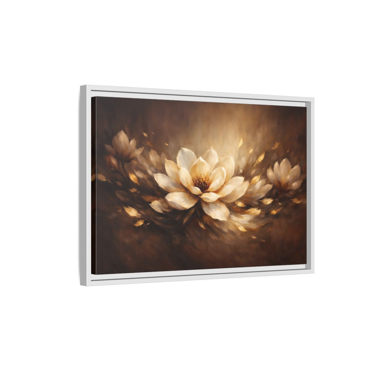 Side Mockup 1. Floral Lotus Flower Golden Floral shown as stretched canvas wall art