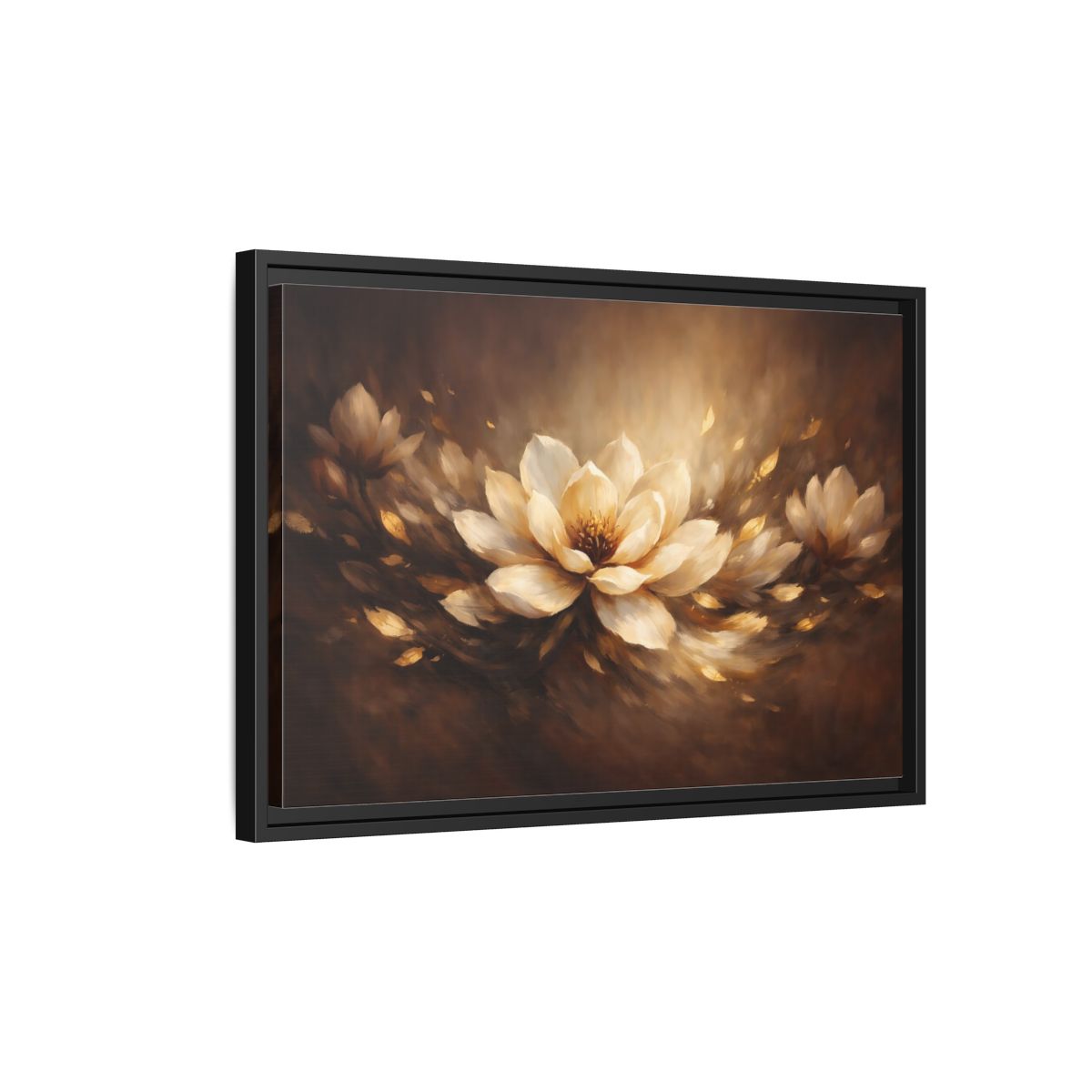 Side Mockup 3. Floral Lotus Flower Golden Floral shown as stretched canvas wall art