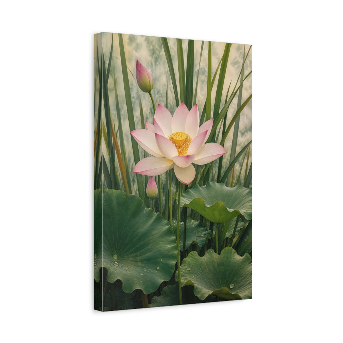 Side Mockup 4. Floral Lotus Flower Pink And Green Lotus shown as stretched canvas wall art