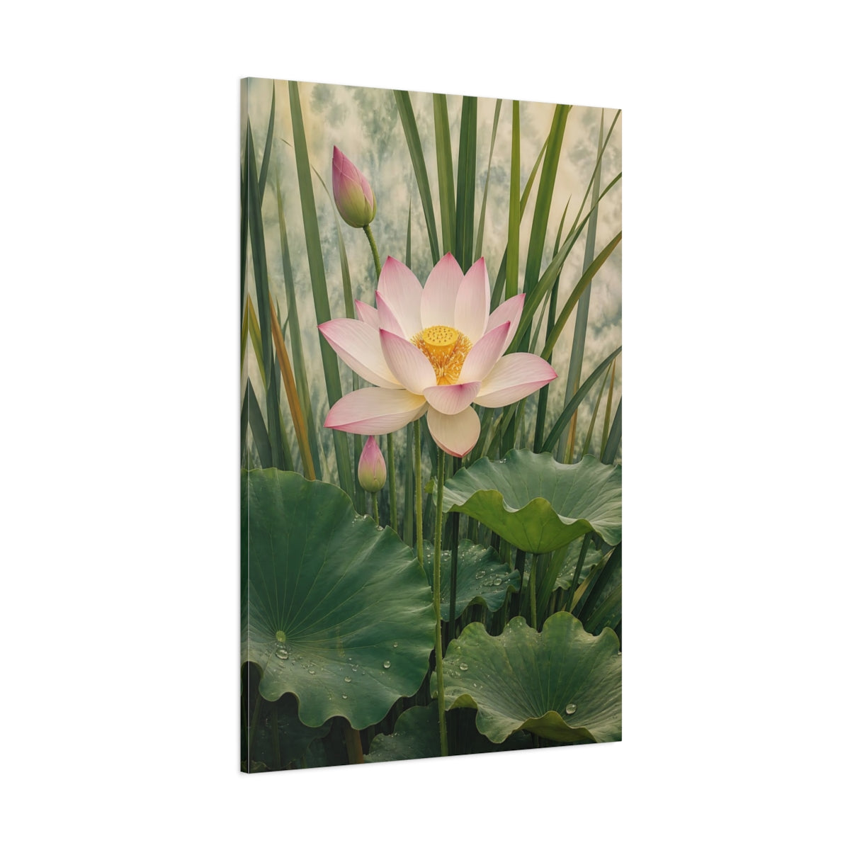 Side Mockup 1. Floral Lotus Flower Pink And Green Lotus shown as stretched canvas wall art