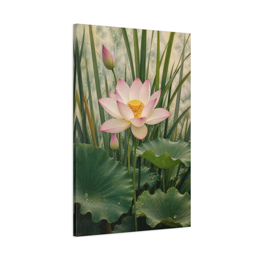 Main Mockup. Floral Lotus Flower Pink And Green Lotus shown as stretched canvas wall art