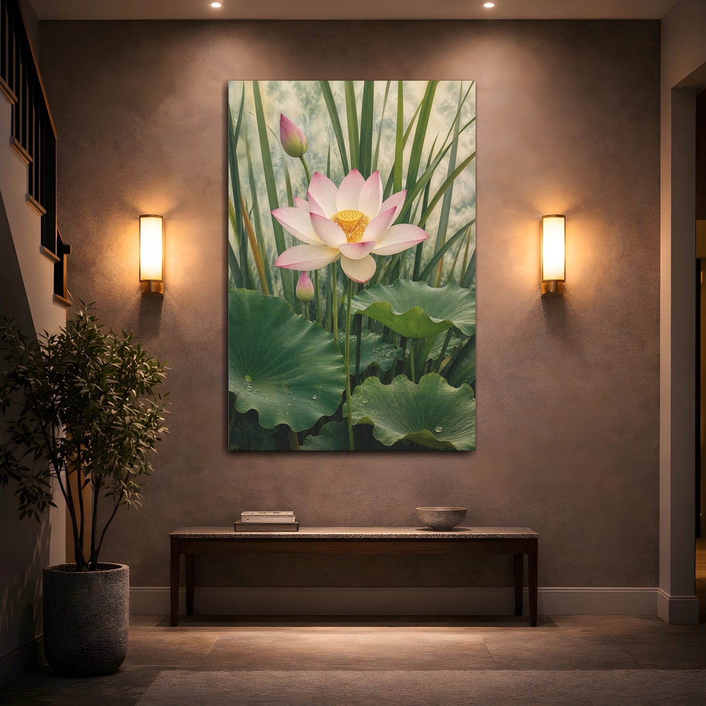 Mockup 2. Floral Lotus Flower Pink And Green Lotus shown as stretched canvas wall art
