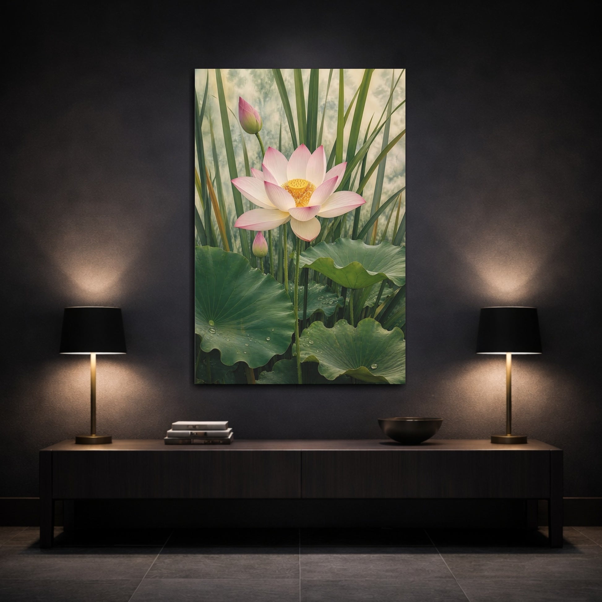 Mockup 3. Floral Lotus Flower Pink And Green Lotus shown as stretched canvas wall art