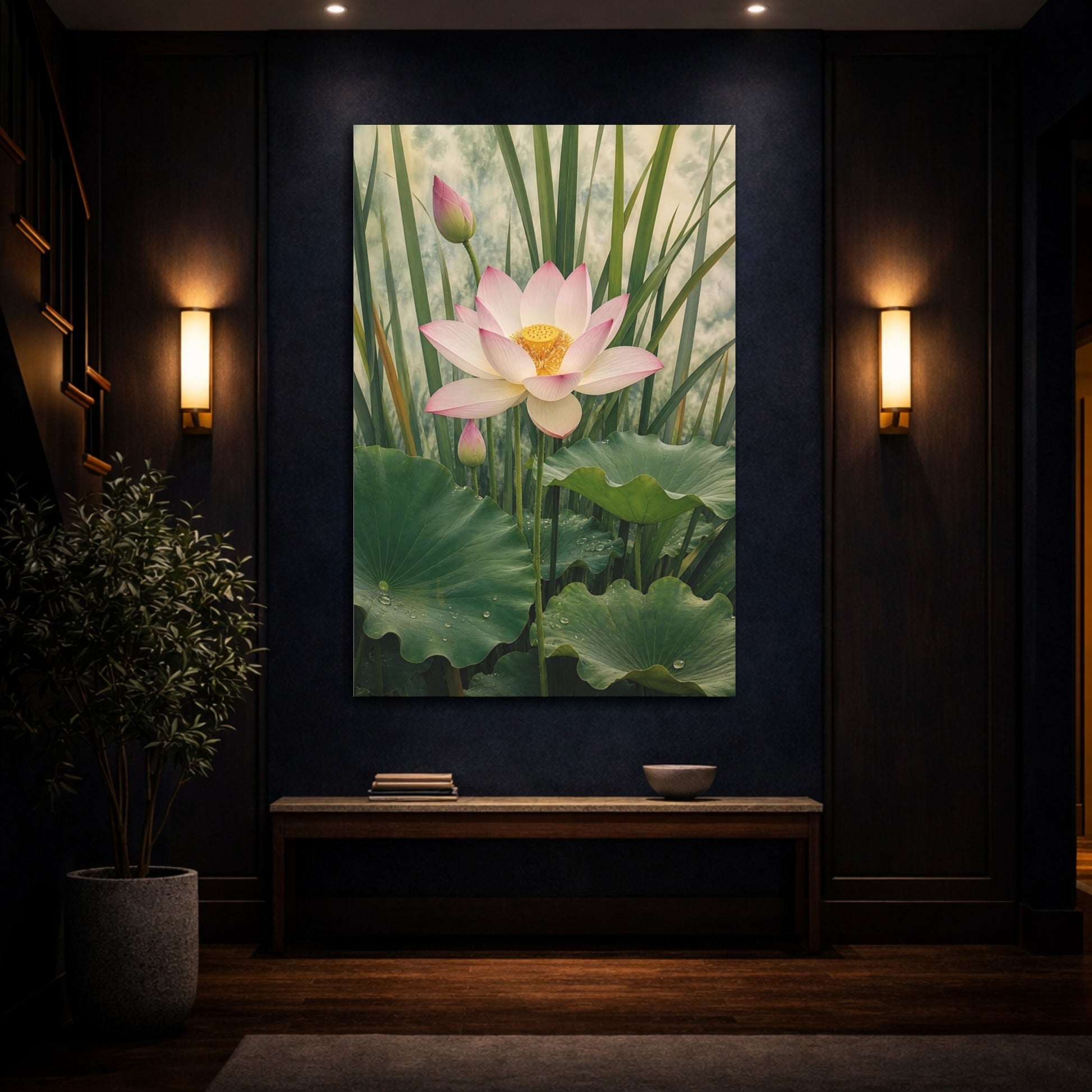 Mockup 4. Floral Lotus Flower Pink And Green Lotus shown as stretched canvas wall art