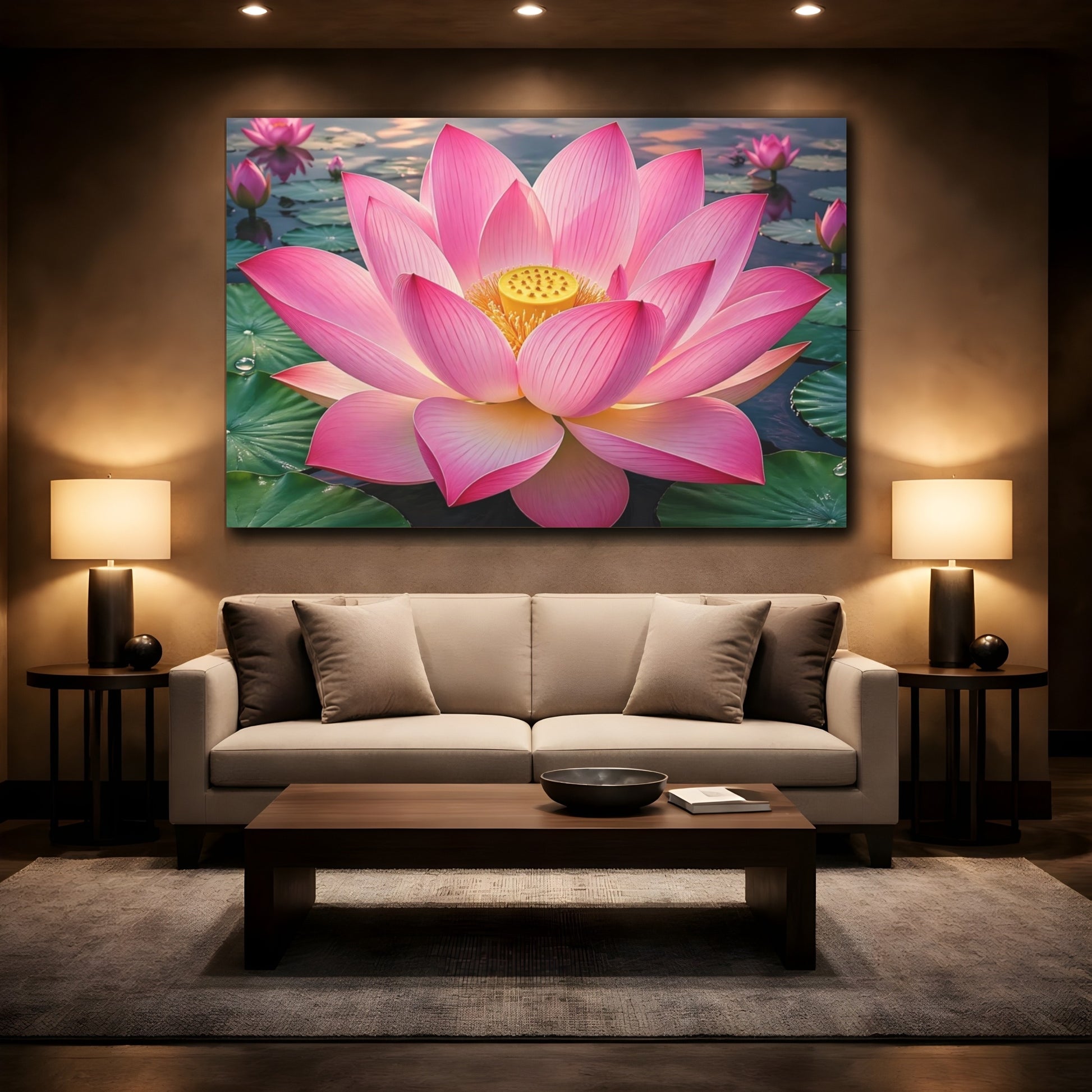 Mockup 2. Floral Lotus Flower Pink Lotus shown as stretched canvas wall art