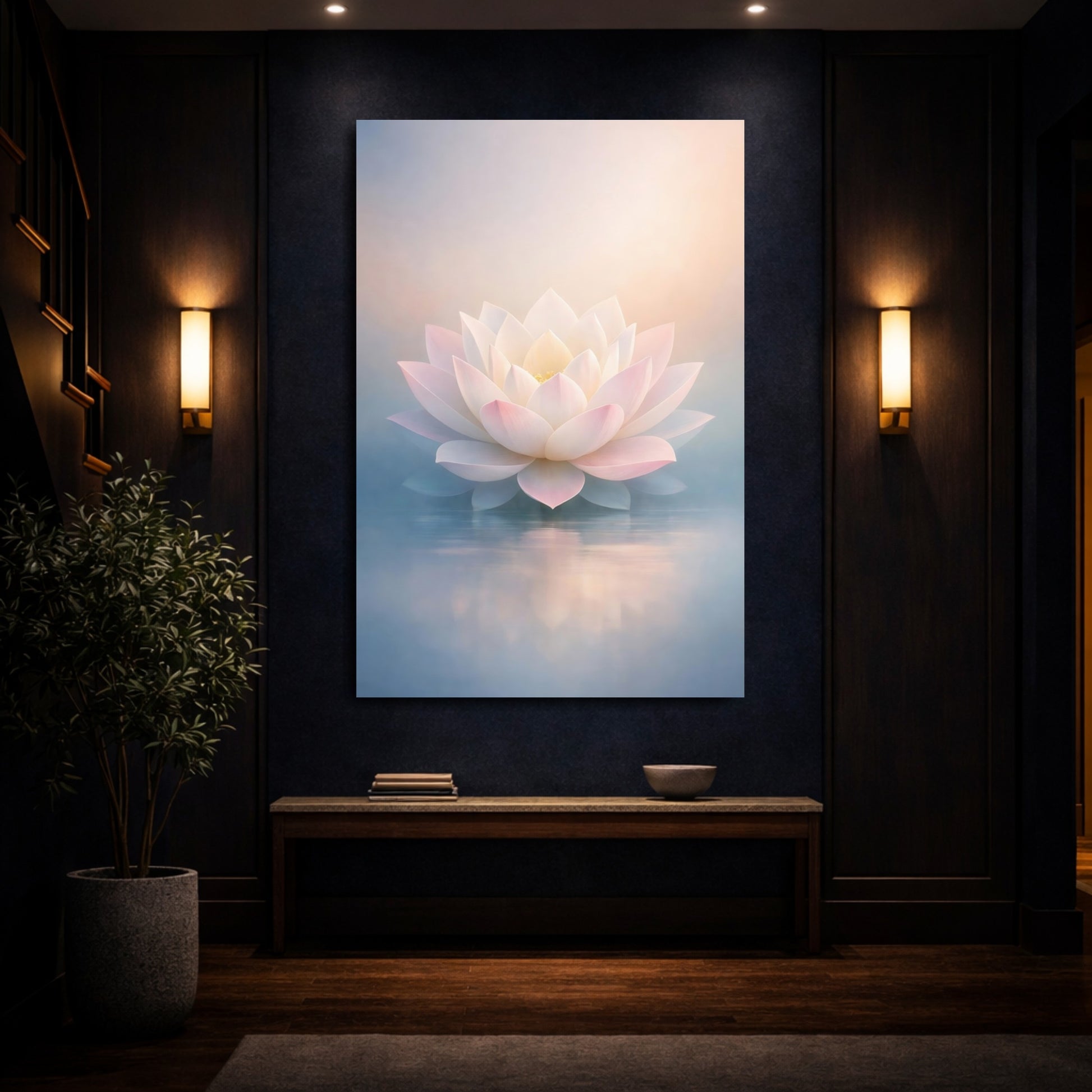 Mockup 3. Floral Lotus Flower Pink Lotus shown as stretched canvas wall art