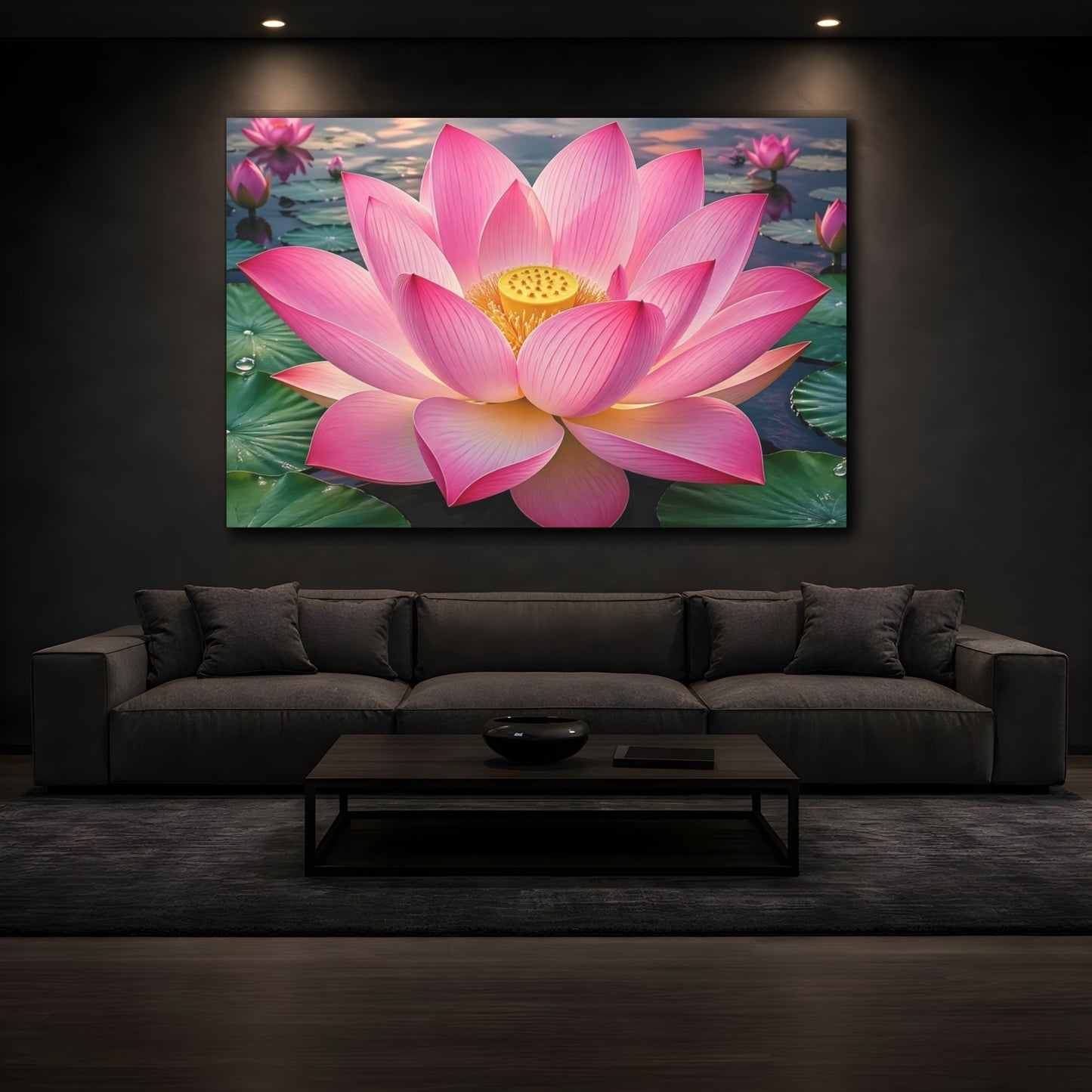 Mockup 3. Floral Lotus Flower Pink Lotus shown as stretched canvas wall art