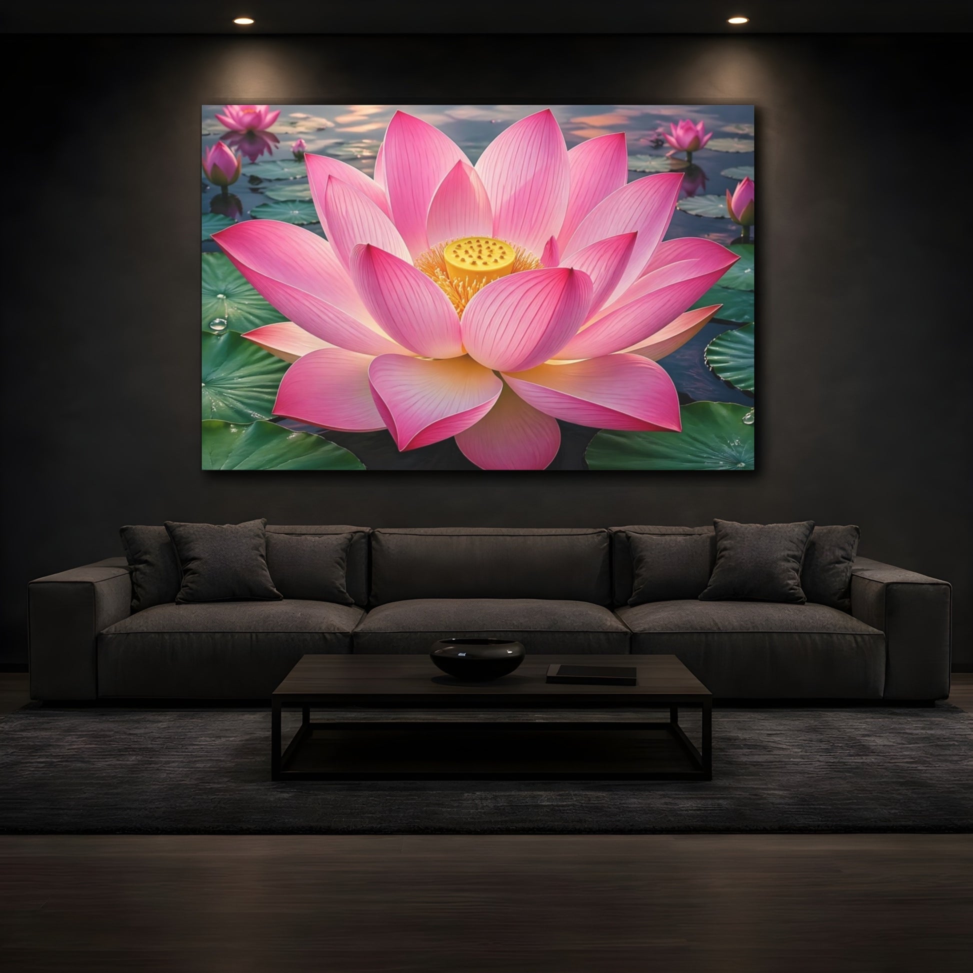 Mockup 3. Floral Lotus Flower Pink Lotus shown as stretched canvas wall art