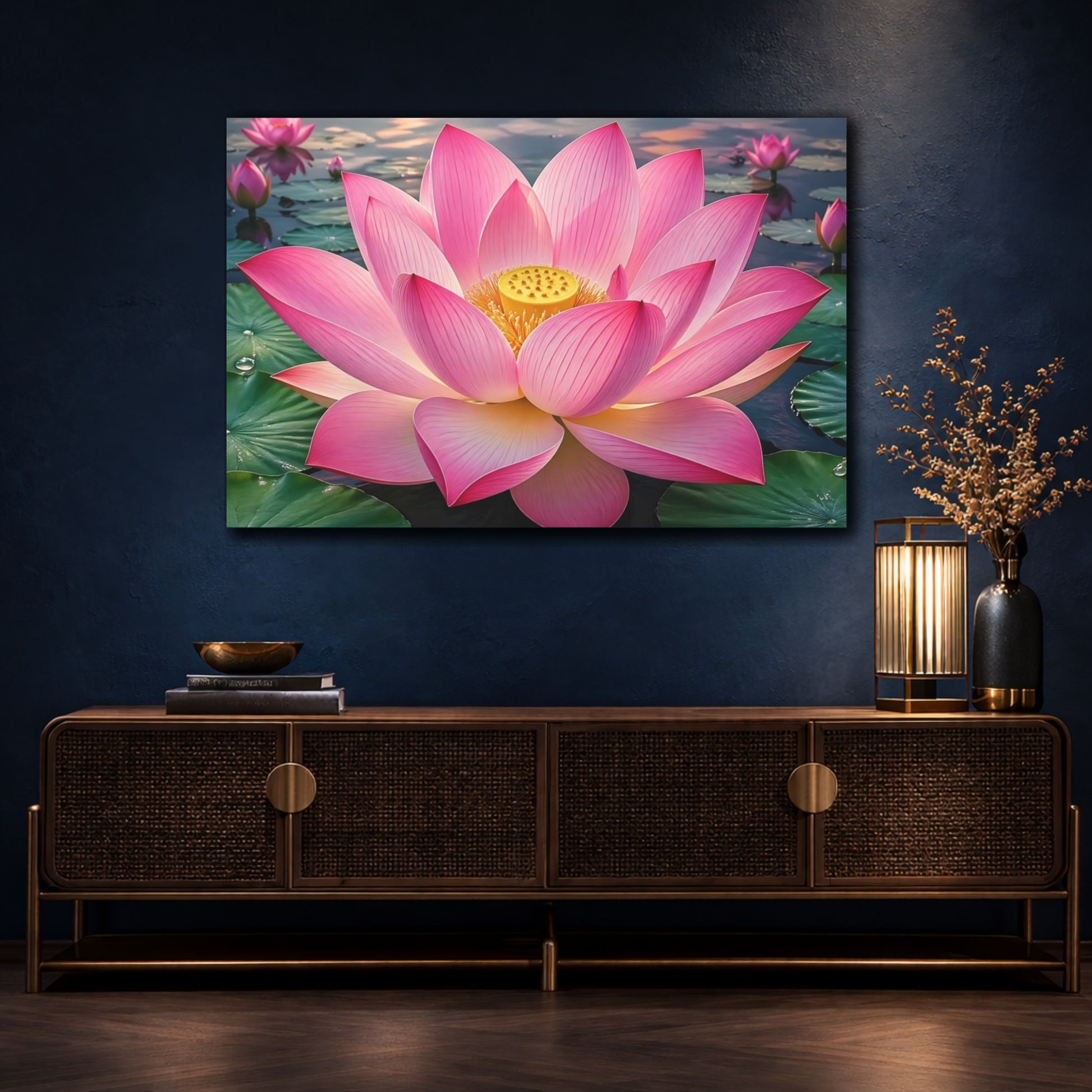 Mockup 4. Floral Lotus Flower Pink Lotus shown as stretched canvas wall art