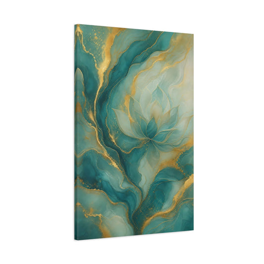 Main Mockup. Floral Lotus Flower Teal And Gold shown as stretched canvas wall art