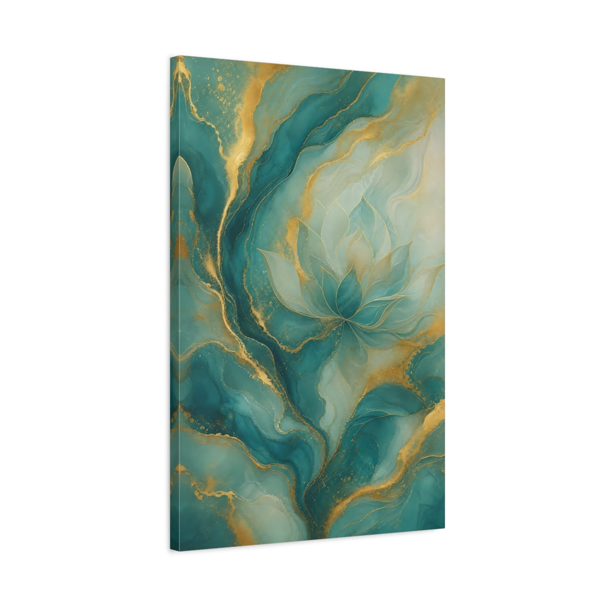 Side Mockup 2. Floral Lotus Flower Teal And Gold shown as stretched canvas wall art