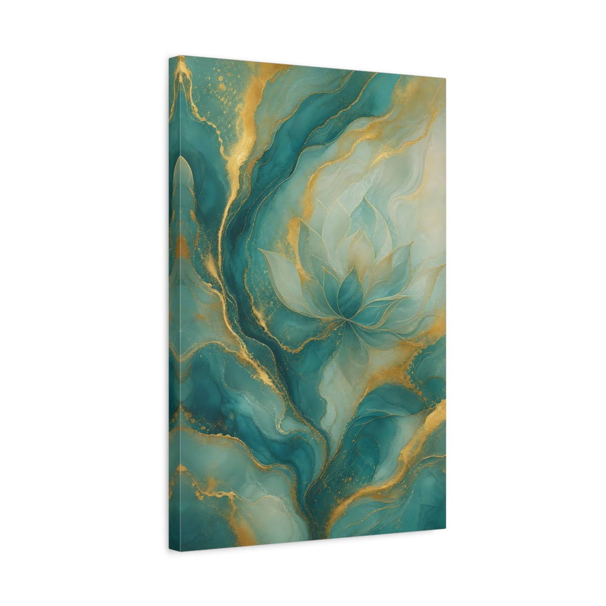 Side Mockup 3. Floral Lotus Flower Teal And Gold shown as stretched canvas wall art