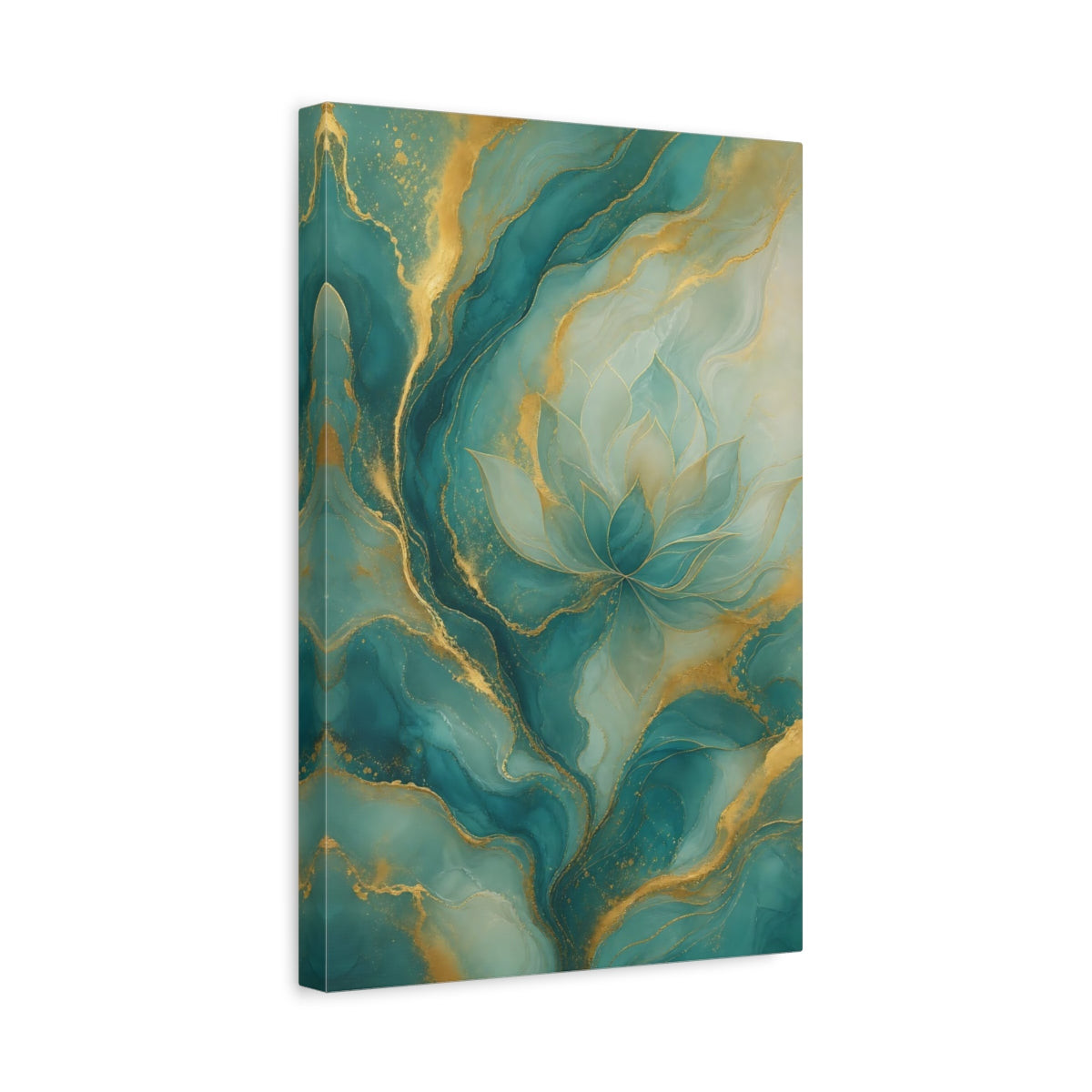 Side Mockup 4. Floral Lotus Flower Teal And Gold shown as stretched canvas wall art