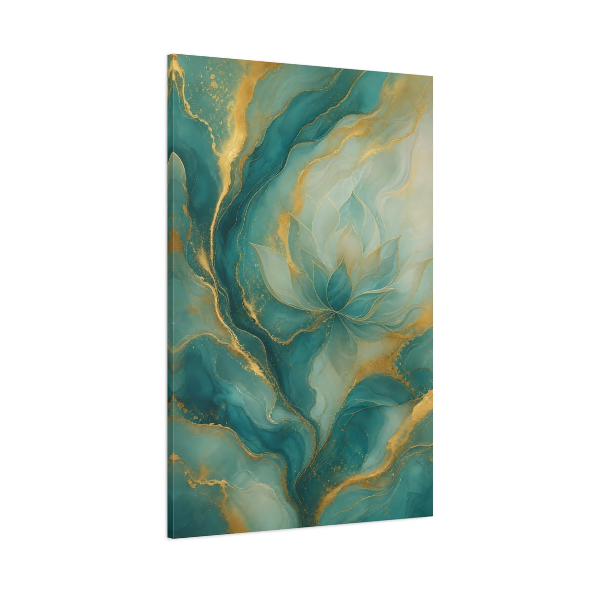 Side Mockup 1. Floral Lotus Flower Teal And Gold shown as stretched canvas wall art