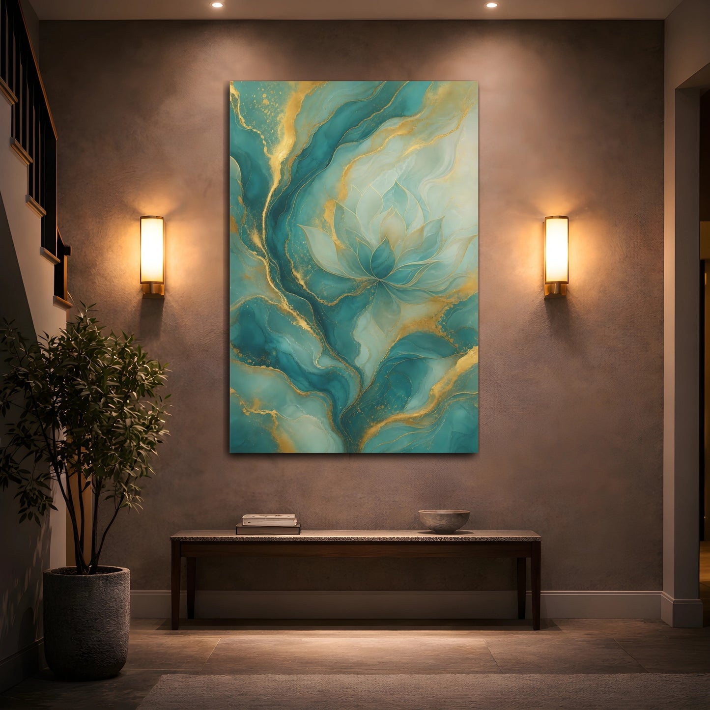 Mockup 2. Floral Lotus Flower Teal And Gold shown as stretched canvas wall art