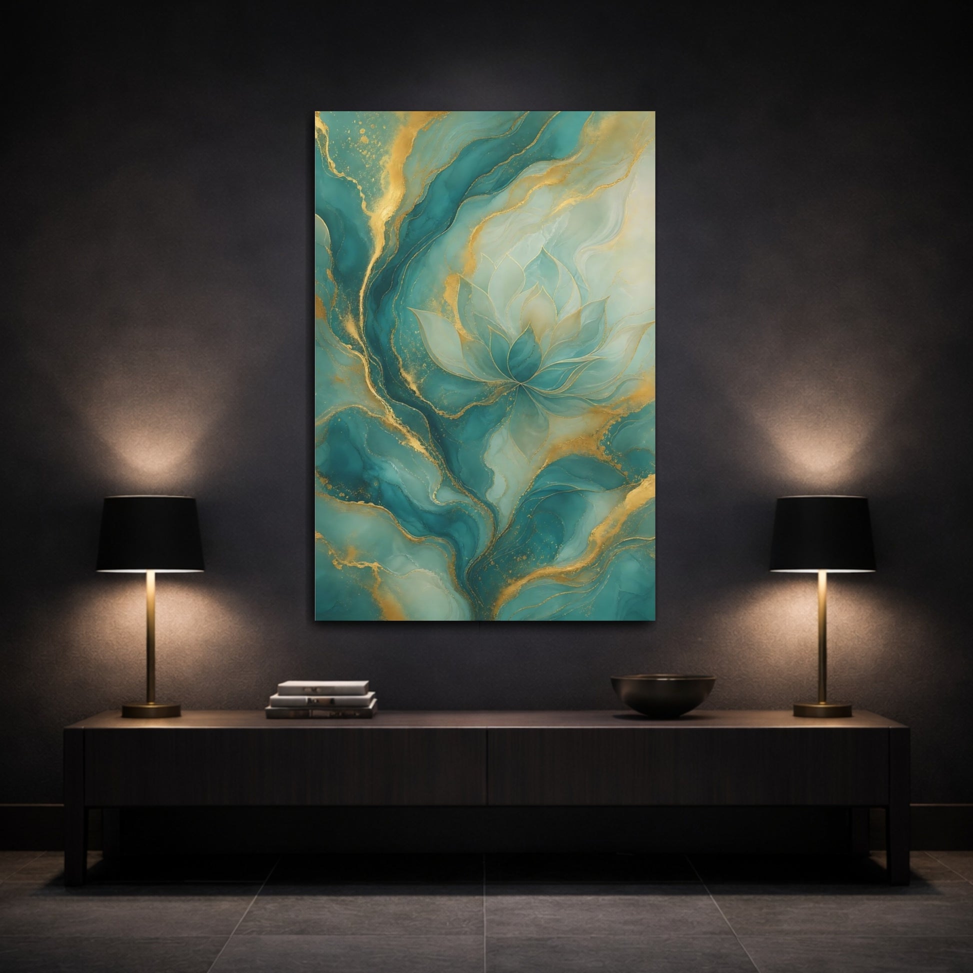 Mockup 3. Floral Lotus Flower Teal And Gold shown as stretched canvas wall art