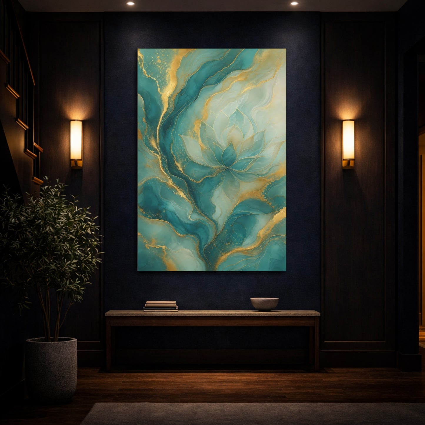 Mockup 4. Floral Lotus Flower Teal And Gold shown as stretched canvas wall art