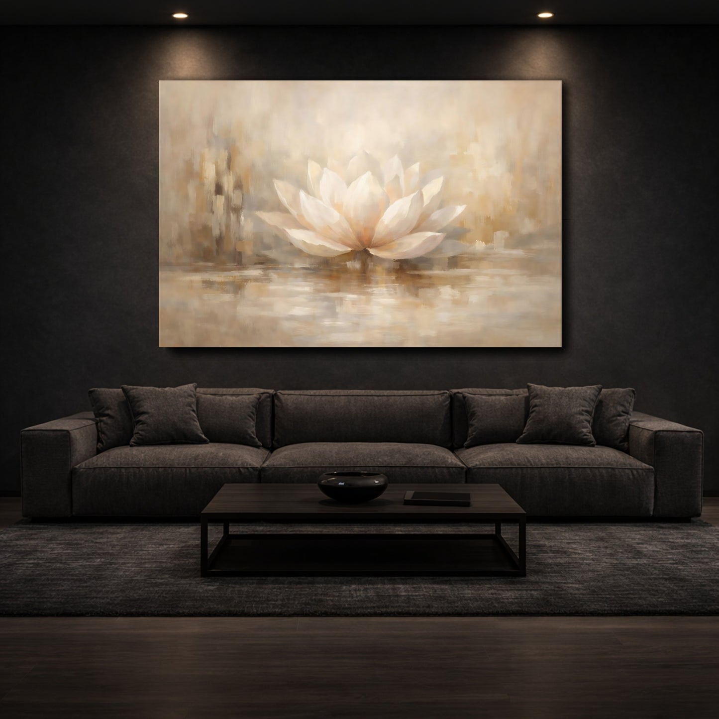 Mockup 2. Floral Lotus Flower Warm Neutrals shown as stretched canvas wall art