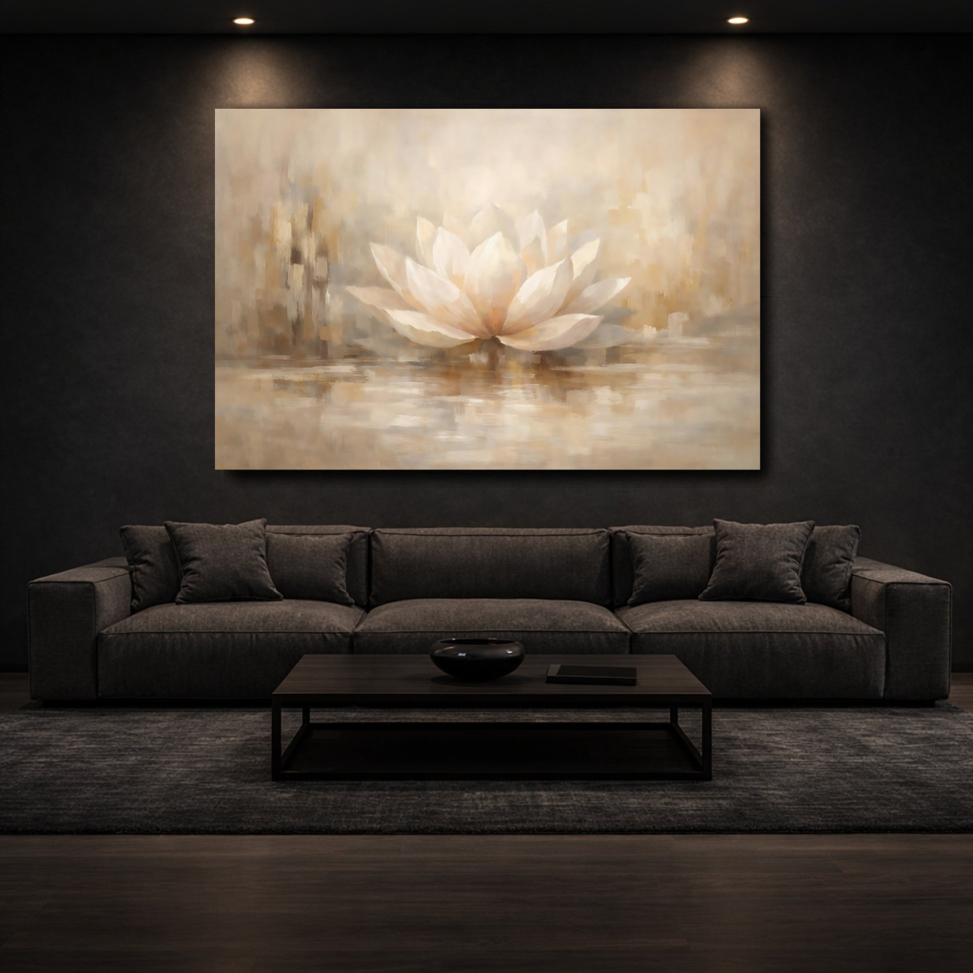 Mockup 2. Floral Lotus Flower Warm Neutrals shown as stretched canvas wall art