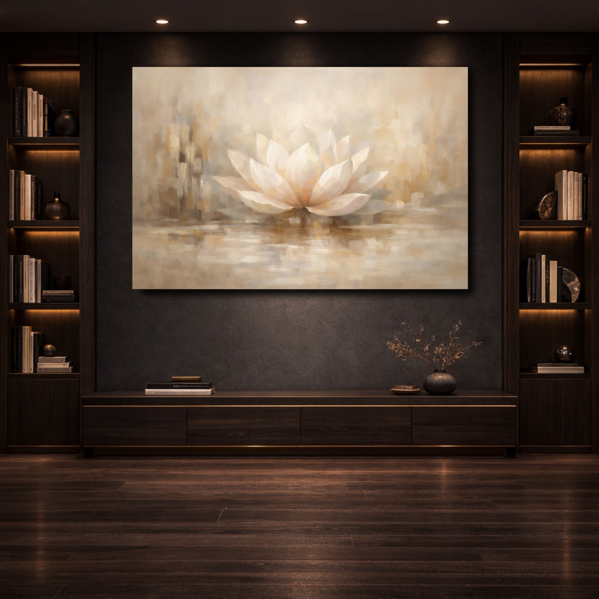 Mockup 3. Floral Lotus Flower Warm Neutrals shown as stretched canvas wall art