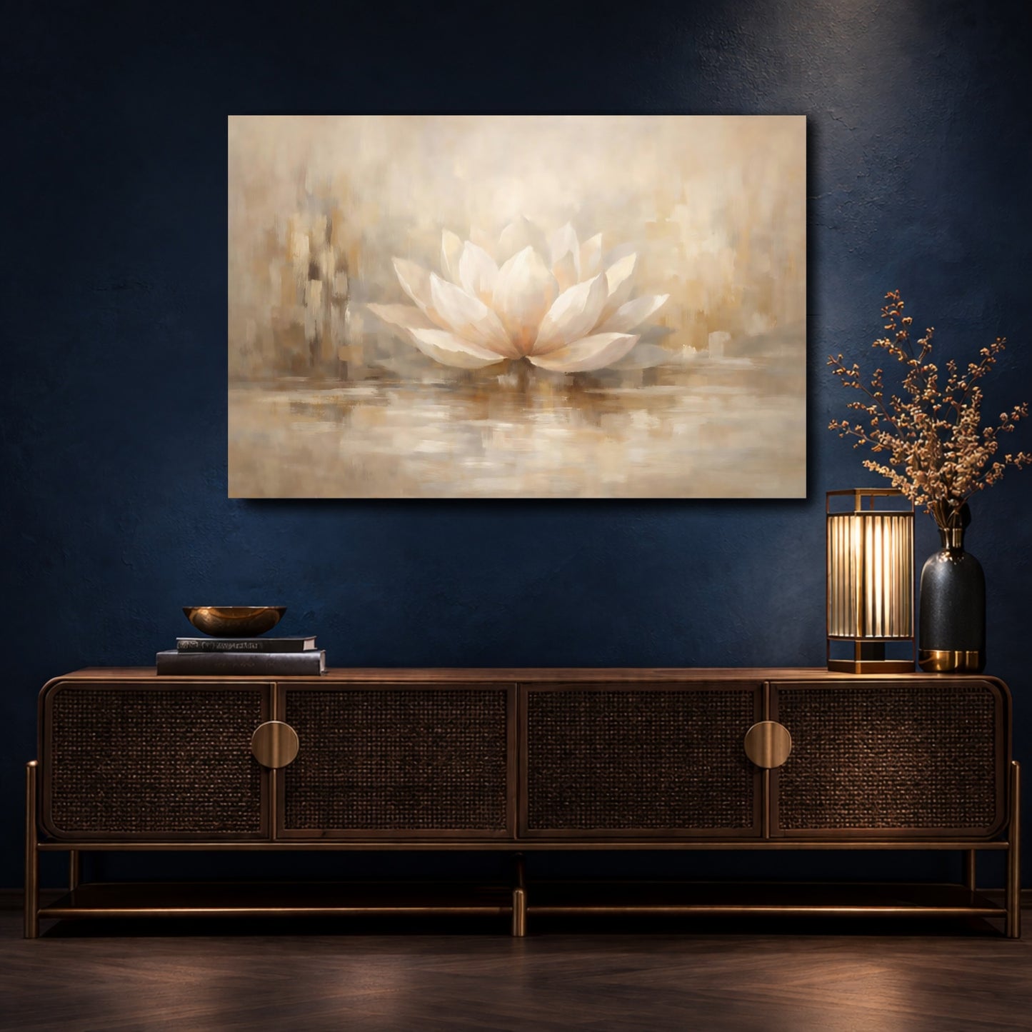 Mockup 4. Floral Lotus Flower Warm Neutrals shown as stretched canvas wall art