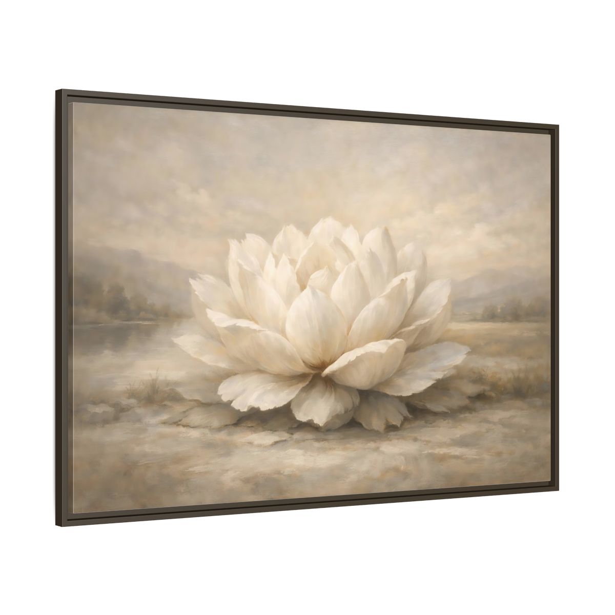 Main Mockup. Floral Lotus Flower White And Neutral shown as stretched canvas wall art