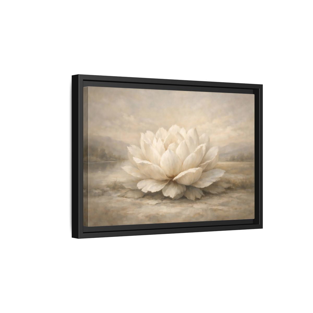 Side Mockup 6. Floral Lotus Flower White And Neutral shown as stretched canvas wall art