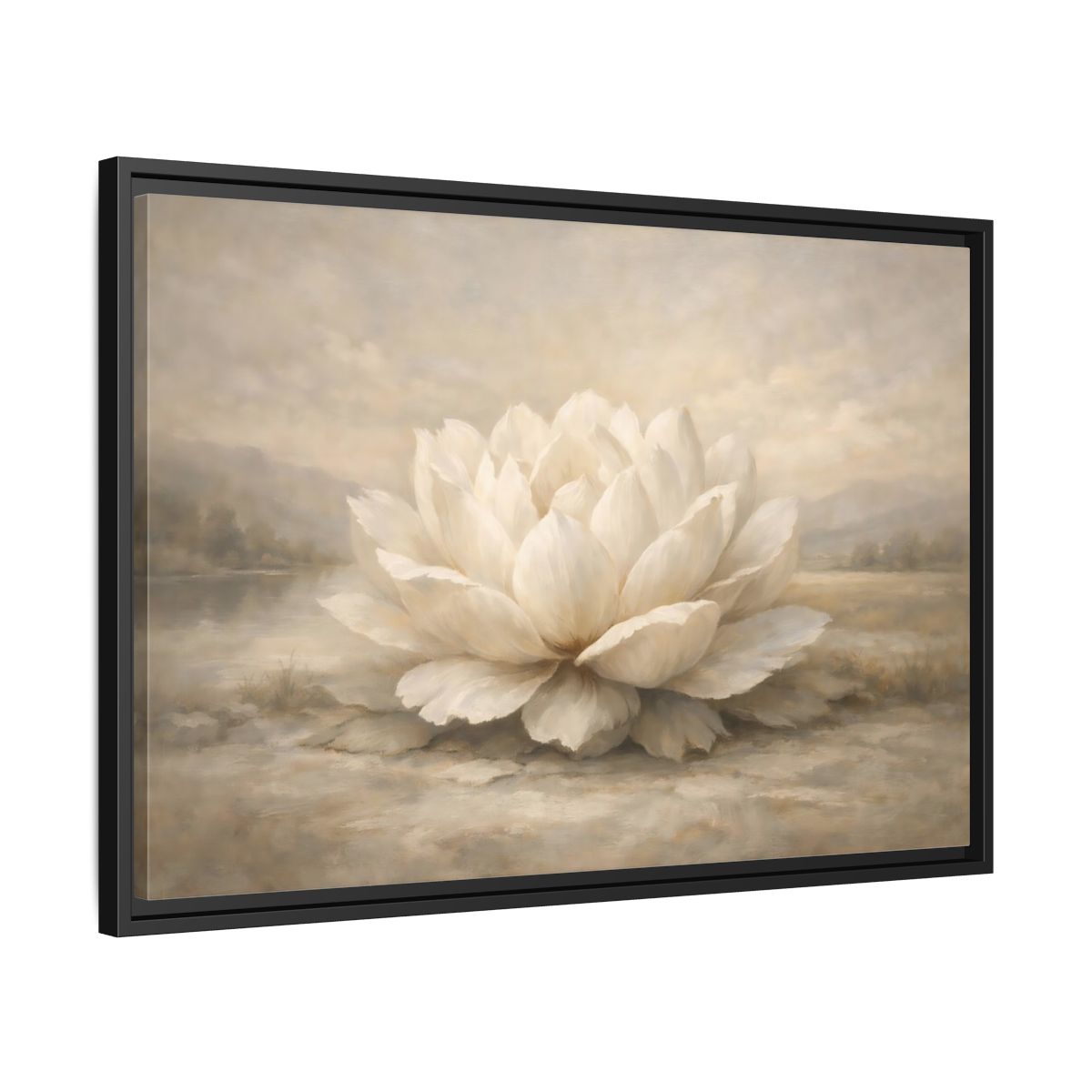 Side Mockup 14. Floral Lotus Flower White And Neutral shown as stretched canvas wall art
