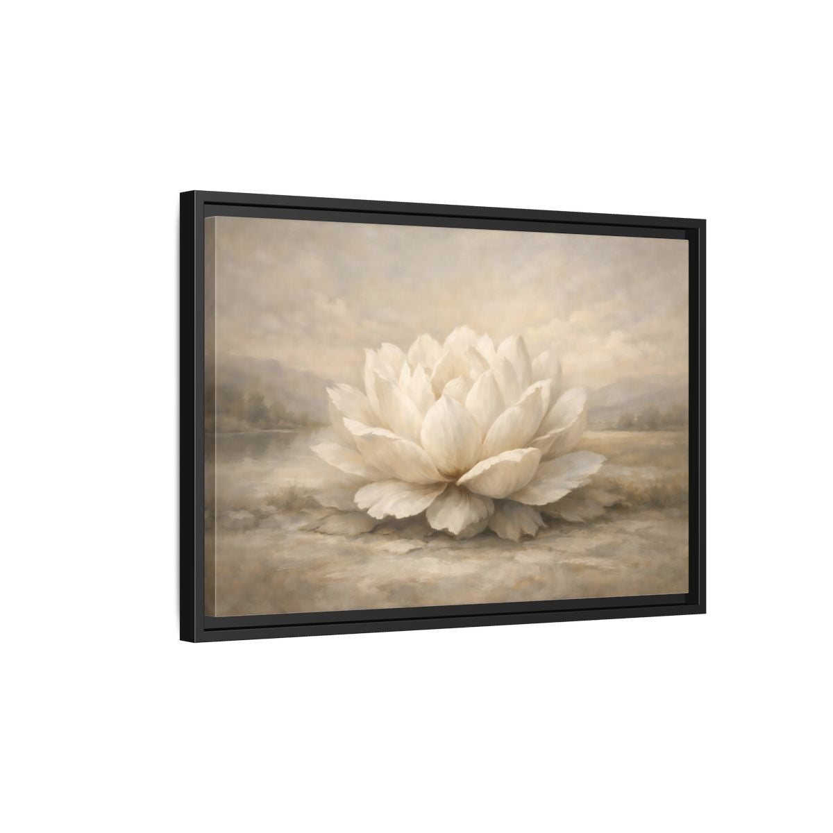 Side Mockup 3. Floral Lotus Flower White And Neutral shown as stretched canvas wall art