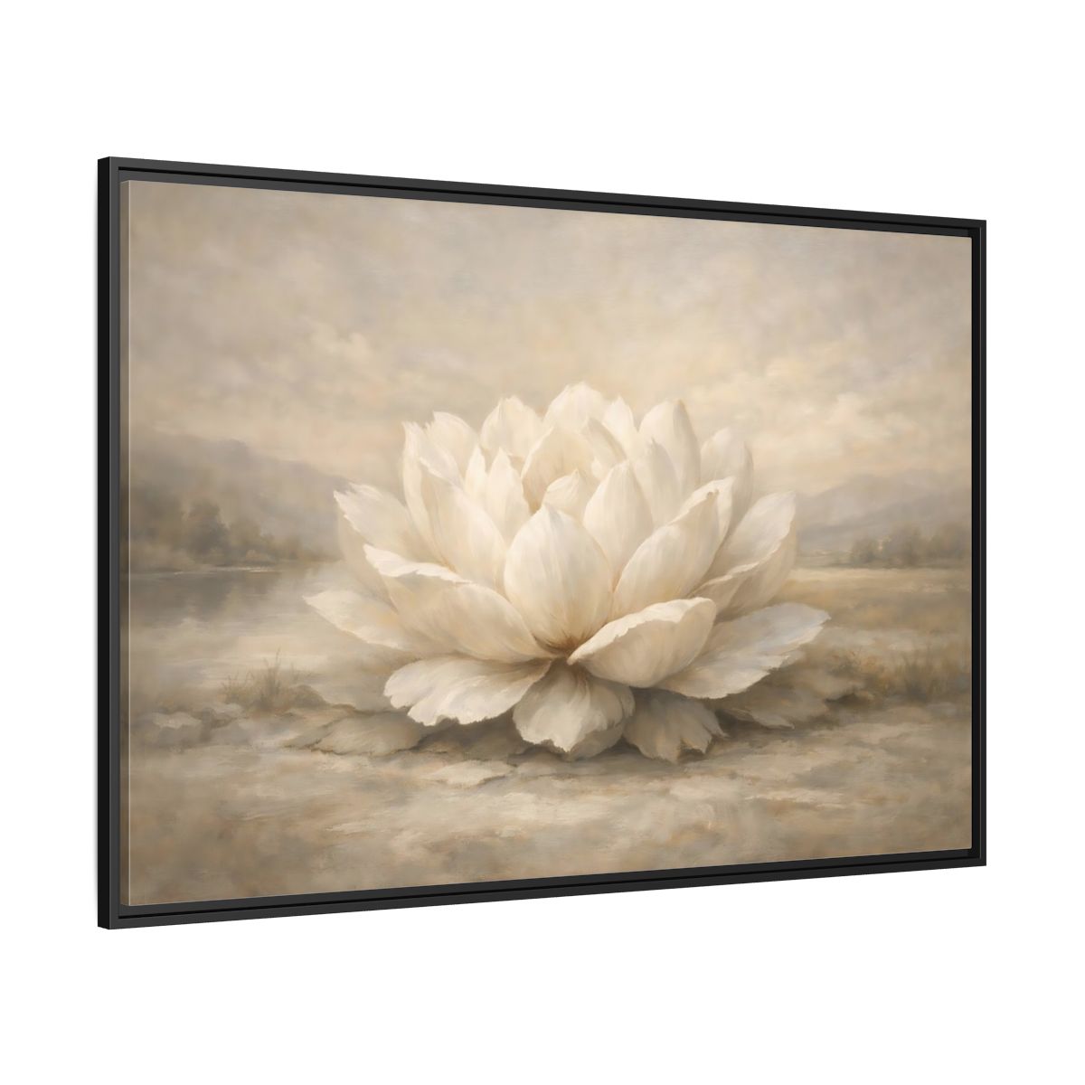 Side Mockup 12. Floral Lotus Flower White And Neutral shown as stretched canvas wall art