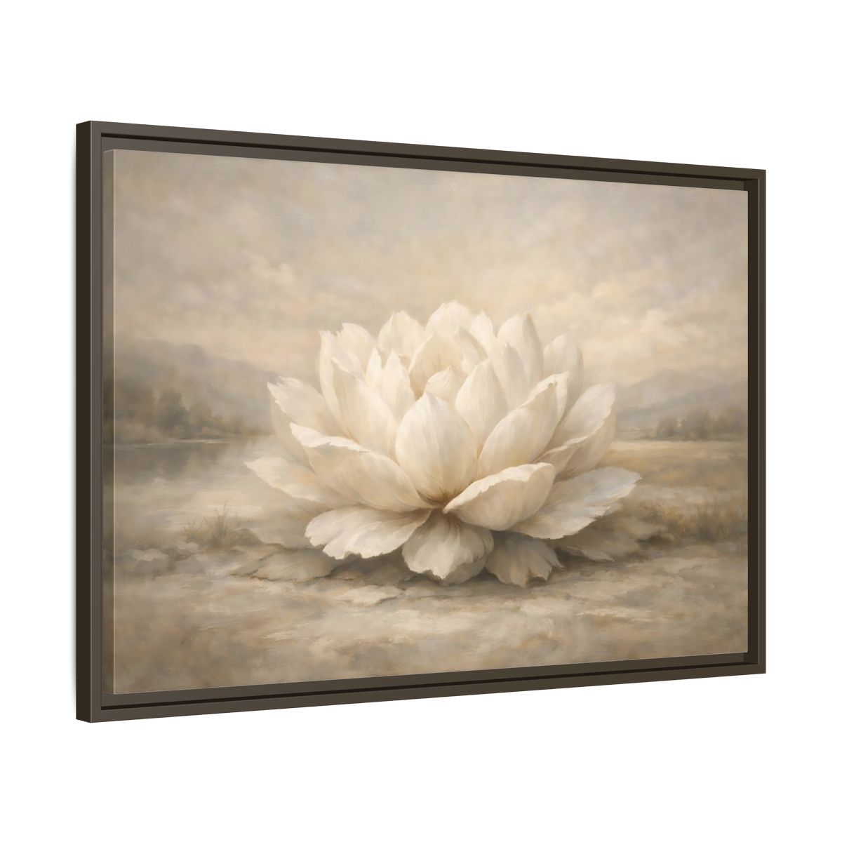Side Mockup 11. Floral Lotus Flower White And Neutral shown as stretched canvas wall art