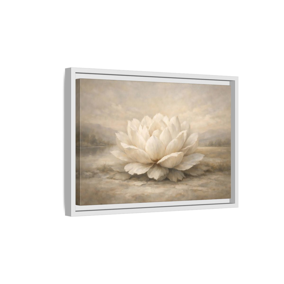 Side Mockup 4. Floral Lotus Flower White And Neutral shown as stretched canvas wall art