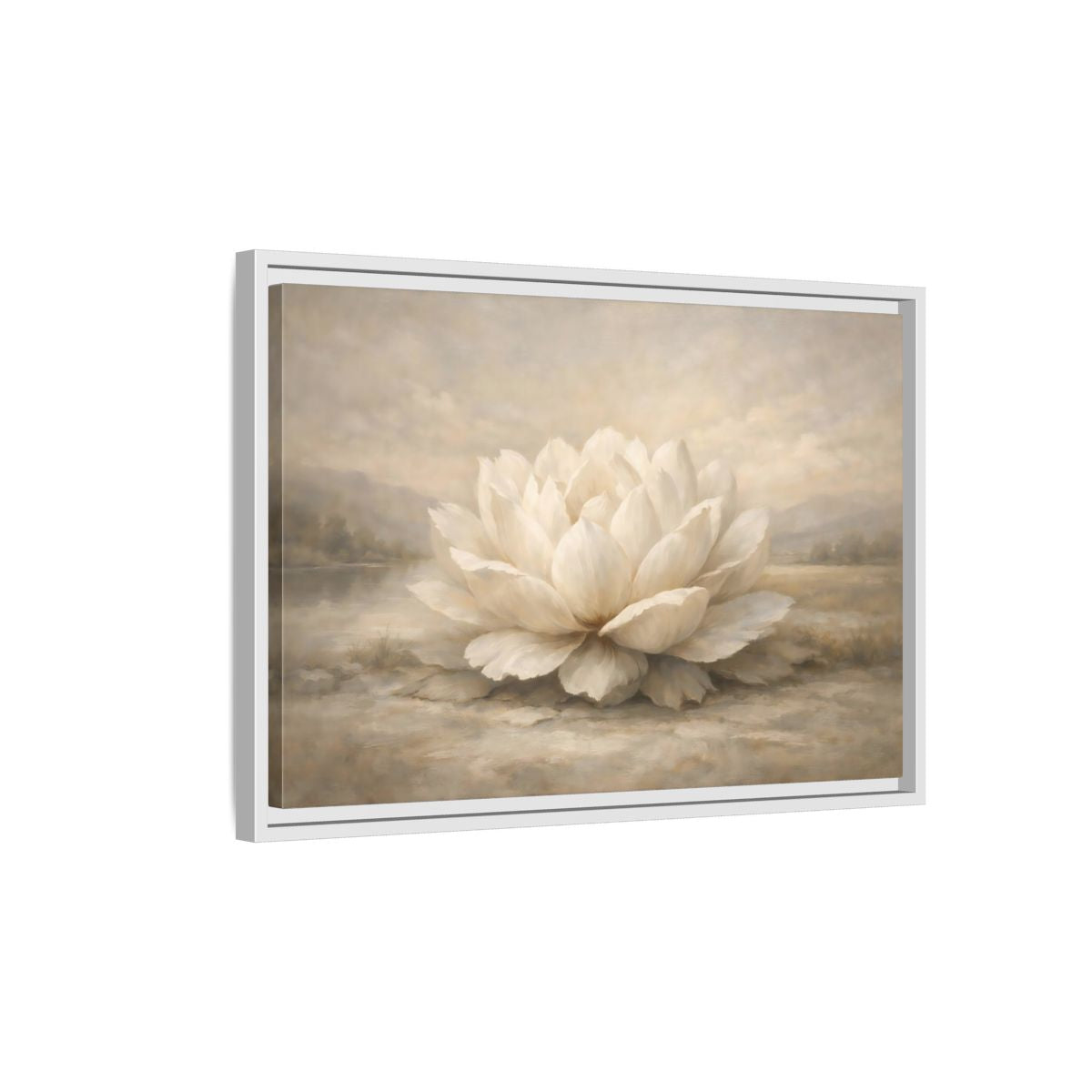 Side Mockup 1. Floral Lotus Flower White And Neutral shown as stretched canvas wall art