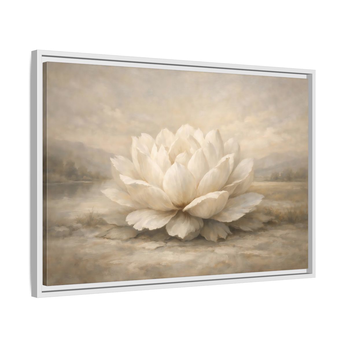 Side Mockup 10. Floral Lotus Flower White And Neutral shown as stretched canvas wall art