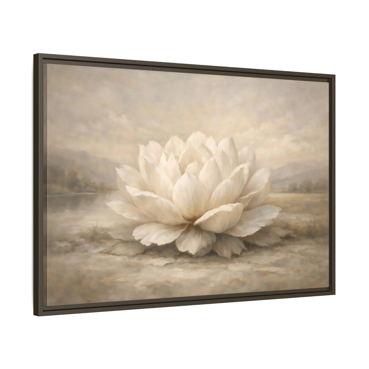 Side Mockup 9. Floral Lotus Flower White And Neutral shown as stretched canvas wall art