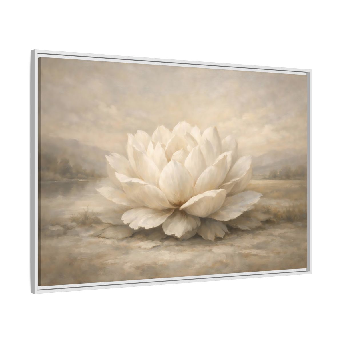 Side Mockup 7. Floral Lotus Flower White And Neutral shown as stretched canvas wall art