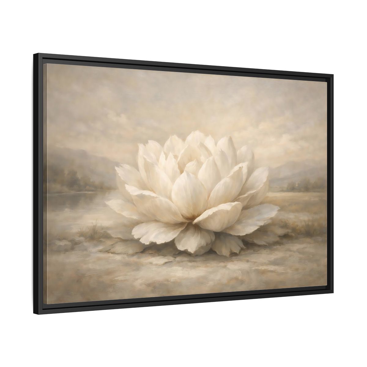 Side Mockup 13. Floral Lotus Flower White And Neutral shown as stretched canvas wall art