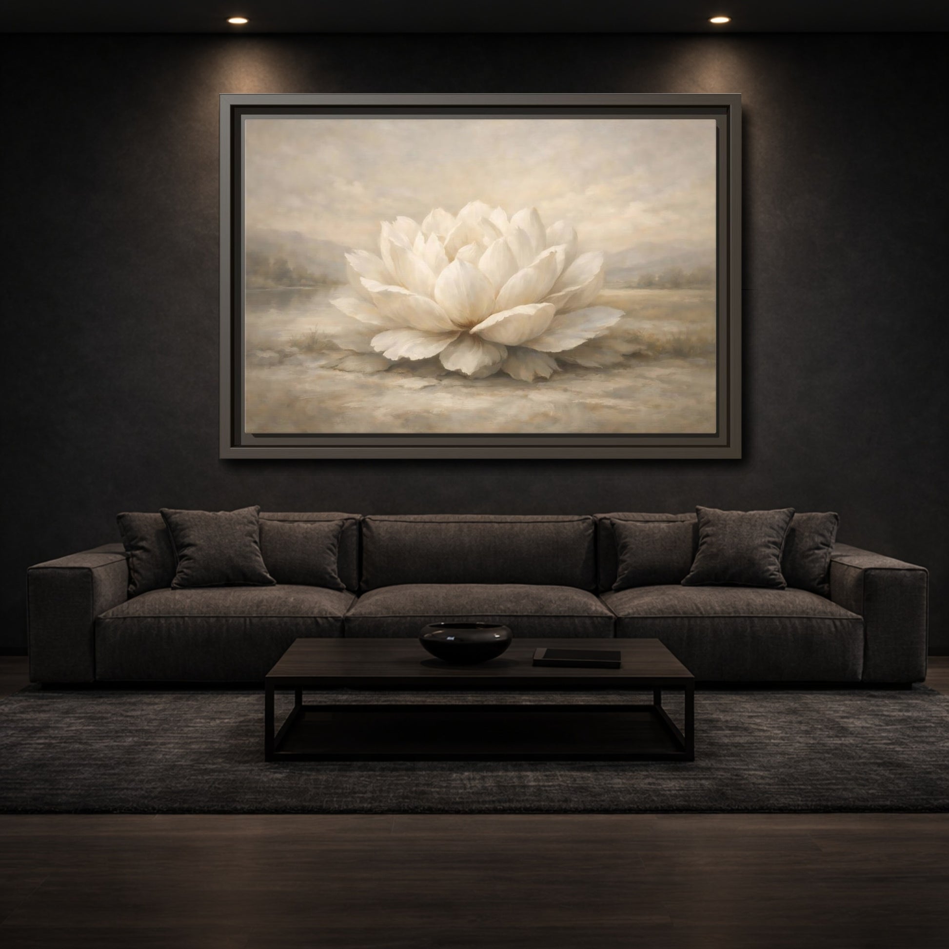Mockup 2. Floral Lotus Flower White And Neutral shown as stretched canvas wall art