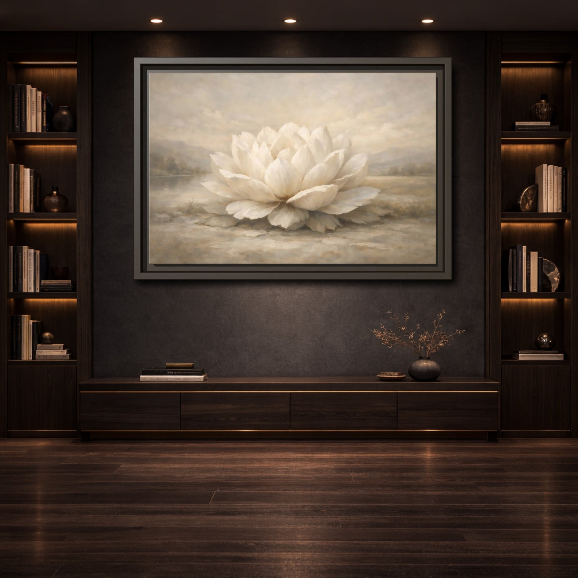 Mockup 3. Floral Lotus Flower White And Neutral shown as stretched canvas wall art